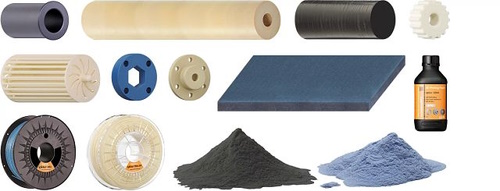 Various materials used for custom manufacturing, such as bar and plate stock, 3D printing powder, filament and resin